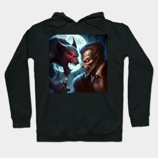 Close up of a cartoon image of a vampire vs. a werewolf fight at full moon. Hoodie